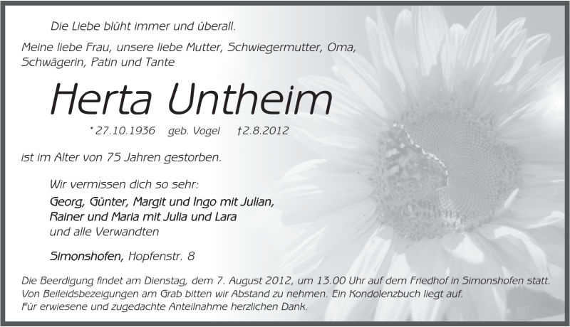  Traueranzeige für Herta Untheim vom 04.08.2012 aus Pegnitz-Zeitung